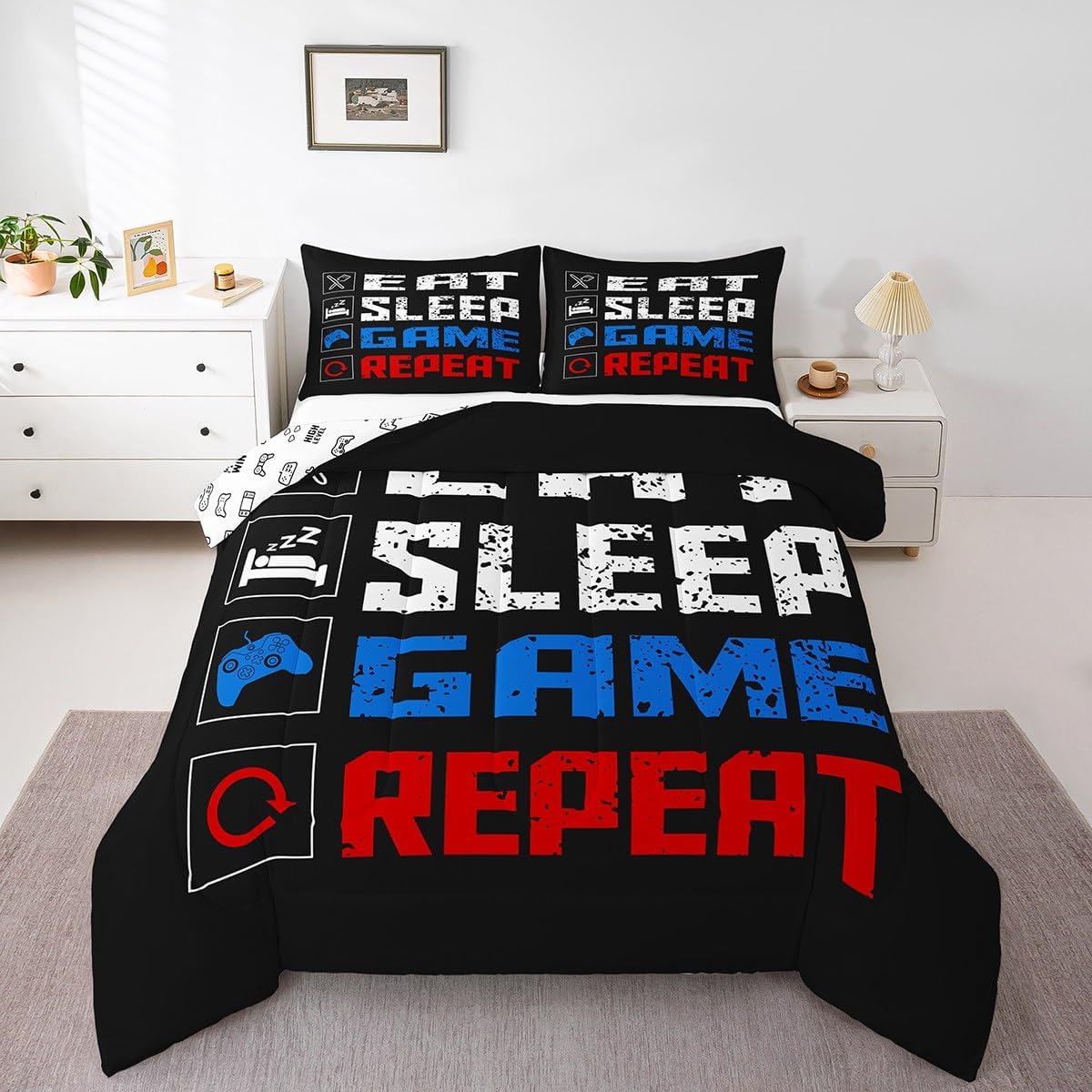 Gaming Comforter Sets for Boys Queen Size Kids Gamer Comforter Girls Teens Video Game Controller Bedding Set Funny Creative Eat Sleep Game Repeat Design Room Decor Reversible Quilt Set for All Season