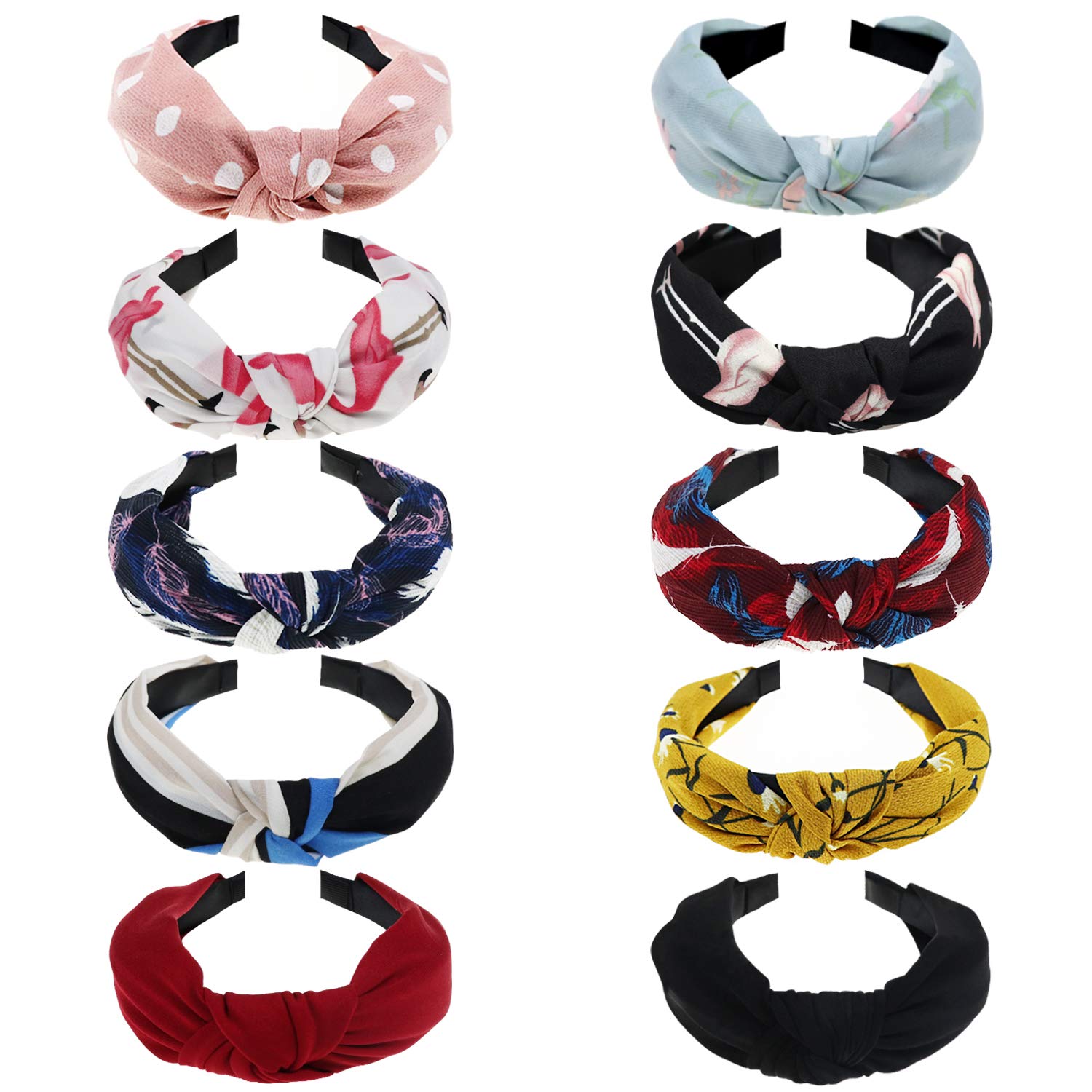 DRESHOWHeadbands for Women 10 Packs Mixed Printed Fabric Hair Band Knot Headband Wide Elastic Hairbands Cute Alice Band Hair Accessories