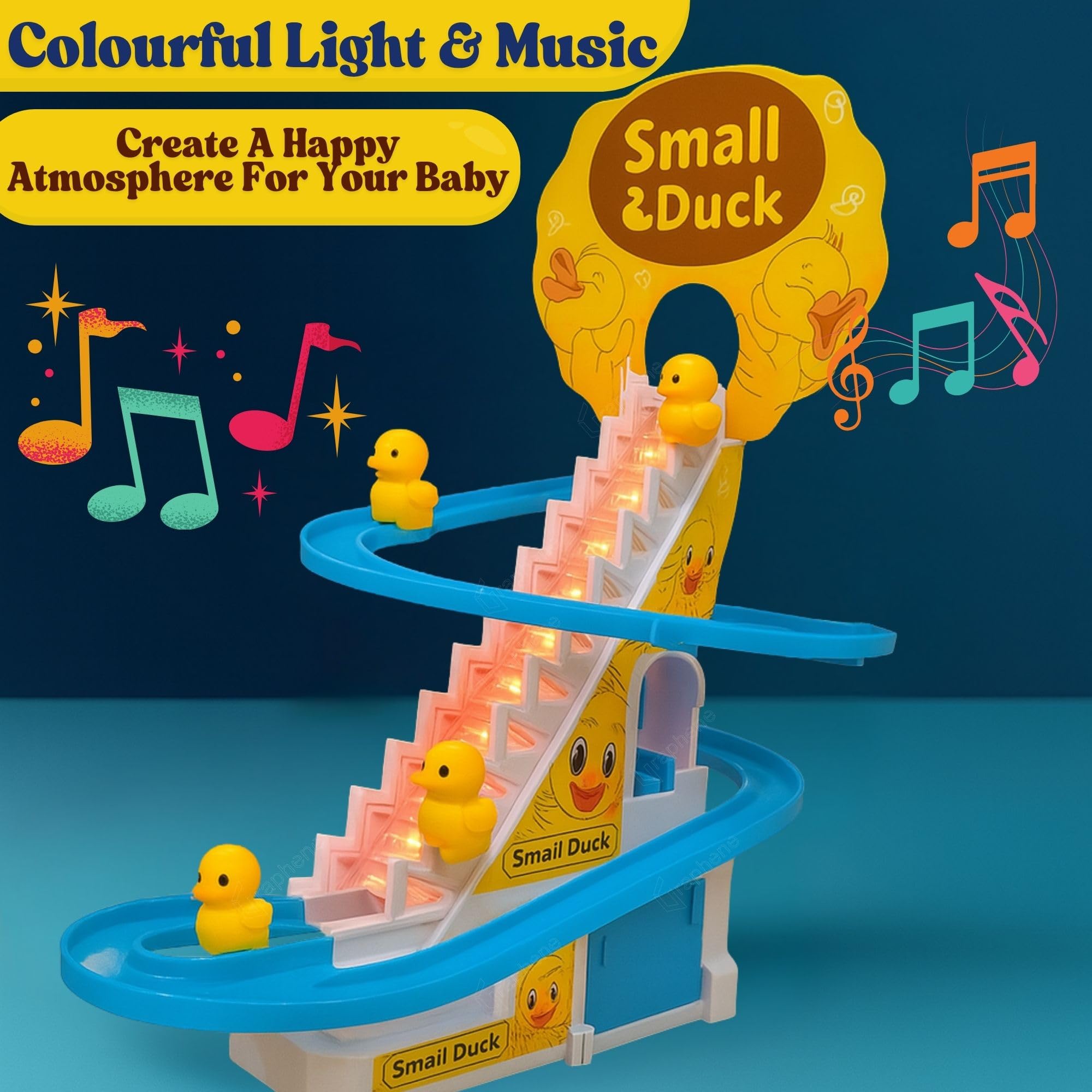 GRAPHENE Ducks Slide Toy Set with 2 Cells Stair Climbing Duck Track Toy Light Musical 3 Duckling Moving Escalator Automatic Cartoon Chasing Race Gift for Kids 1+ 2 3 4 5 Years Baby Girls Toddlers - Image 5 thumbnail