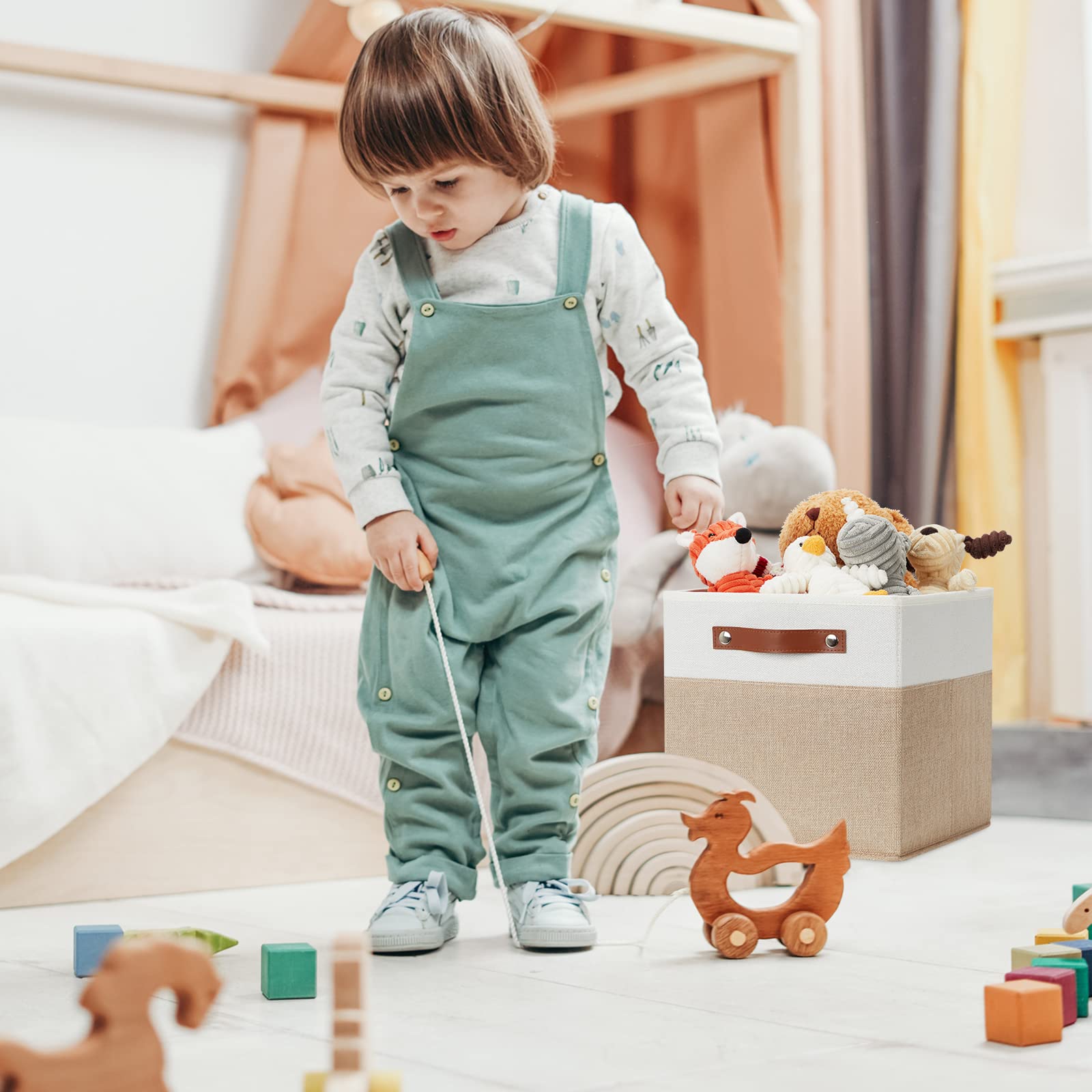 DULLEMELO Pojemniki do przechowywania w kostce 28 cm, kostki do przechowywania tkanin do organizacji, składane, lniane, płócienne pojemniki do przechowywania na półki, szafa, do sypialni, zabawki, do domu, biura, białe i khaki