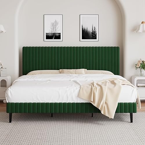 Miniatura 11 de BarnFurin Base de cama tamaño Queen con cabecera ajustable, plataforma tapizada de terciopelo con diseño capitoné de canal vertical, no requiere