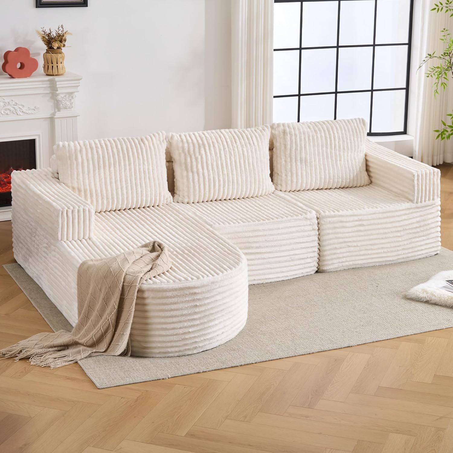 103”Oversized Cloud Couch, Modular L-Shaped Sectional Sofa with Chaise, Deep Seat Corduroy Boneless Couch, No Assembly Convertible Sofa for Living Room(Beige)