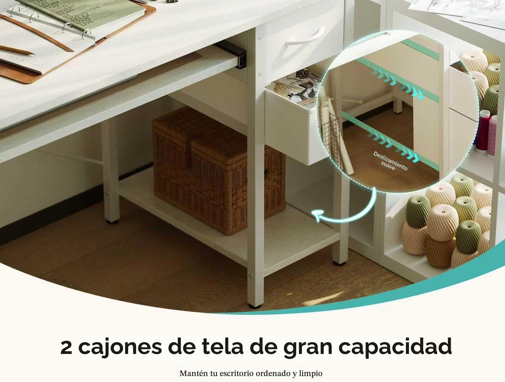 Escritorio con 2 cajones, Estante Lateral Ajustable en Altura, Soporte Monitor, Enchufe y Bandeja Teclado, Escritorio Gaming para Home Office, Oficina y salón,140x50cm, Blanco
