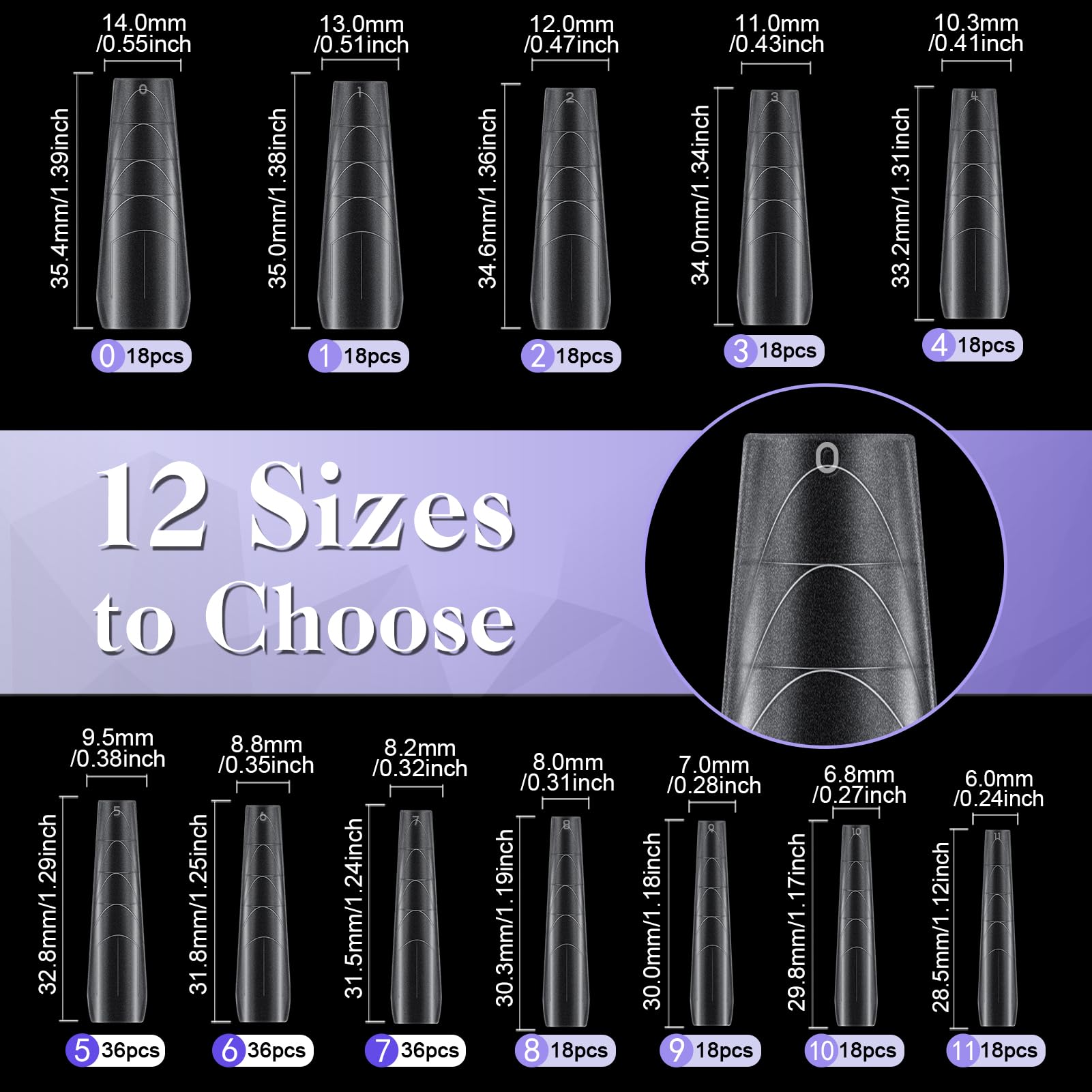 Kiiwah 270 Pcs Gel Nail Tips for Acrylic Extensions Coffin Clear False Nails Tips, 12 Sizes Half Cover Fake Nails Long for Nail Salons - Image 2