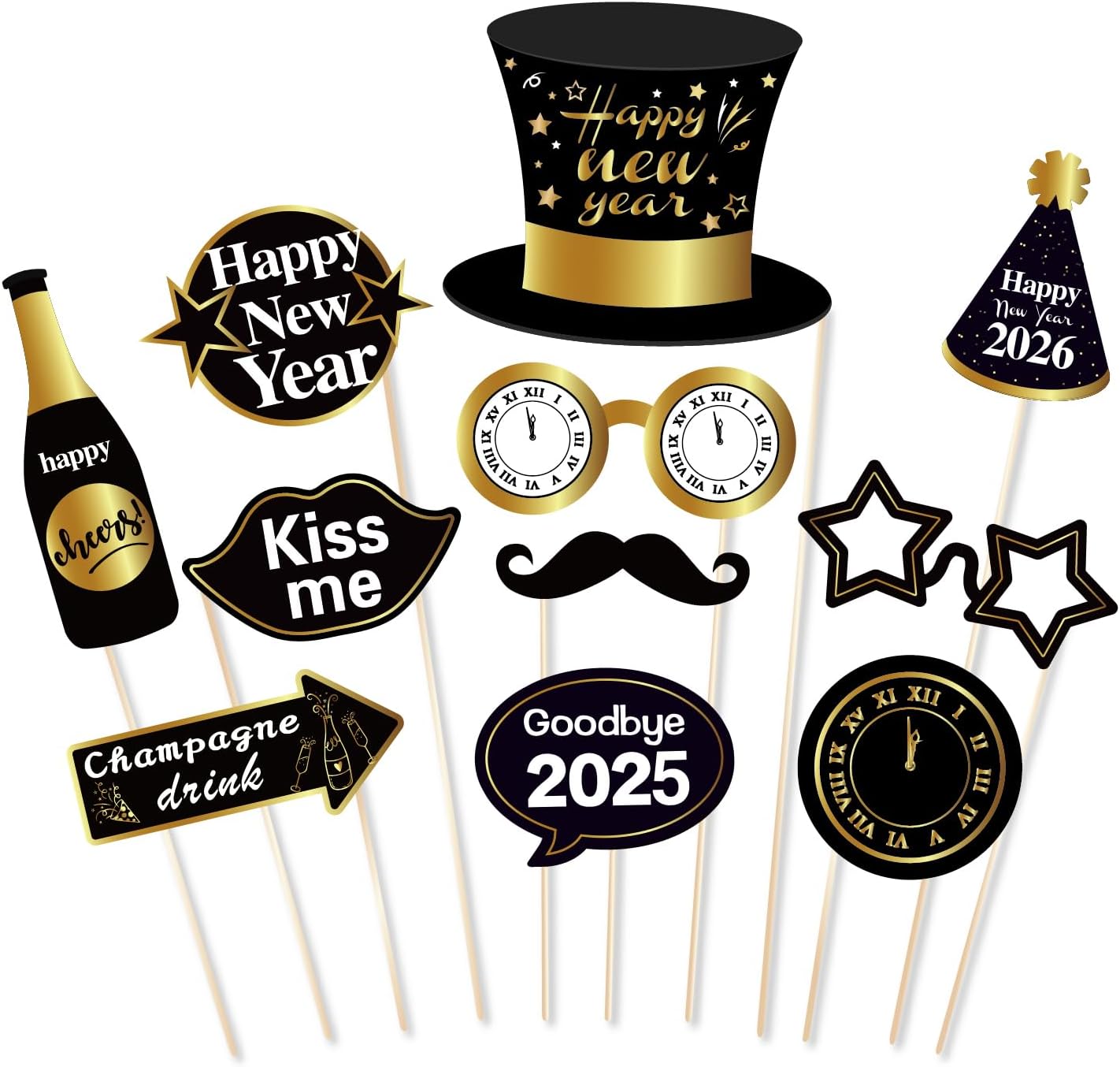 25Pcs New Years Eve Photo Booth Props | 2026 New Years Photo Booth Props with Stick NYE Theme Selfie Props | Gold Glitter New Years Eve Party Supplies - Image 4