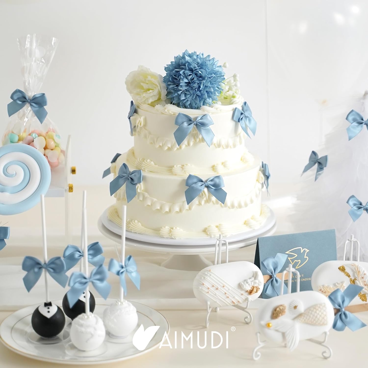 AIMUDI Dusty Blue Satin Bows 2" Satin Bow for Gift Wrapping Small Bows with Twist Ties Premade Ribbon Bow for Crafts Cake Pop Treat Bags Wedding Bridal Shower Birthday Party Decoration, 50 PCs - Image 3