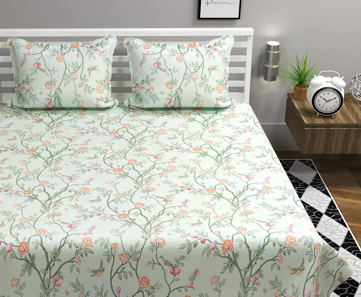 BSB HOME Kingston Collection Super King Size Bedsheets with 2 King Size Pillow Covers| Luxury Soft Sheets (3pcs Set) |108x108 inches, Floral (White Green & Pink)