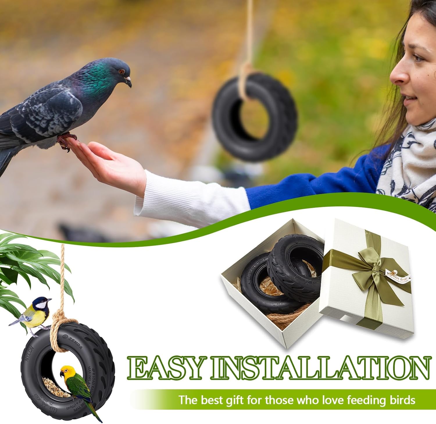 2 Pcs Tire Swing Bird Feeder for Outdoor Hanging 6 x 2 Inches with Rope Special Tire Bird Feeder Seed Catcher for Funny Swing Outside Gift Spring Gifts