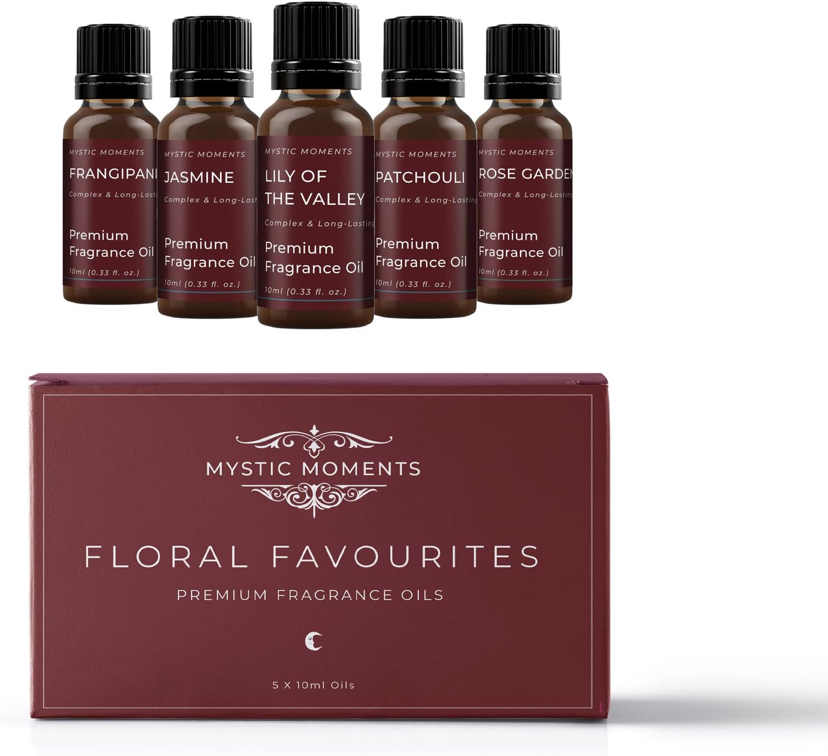 Mystic Moments | Floral Favourite Fragrance Oil Gift Starter Pack 5x10ml | Frangipani, Jasmine, Lily of The Valley, Patchouli, Rose Garden | Perfect as a Gift