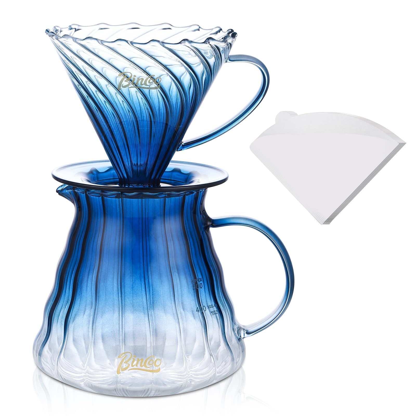 Bincoo Pour Over Coffee Maker Set with Dripper Size 02,600ml Glass Coffee Server Set,60 Angle Tapered Glass Coffee Dripper with Stand&Filter Paper for Home Office Gift (Blue)