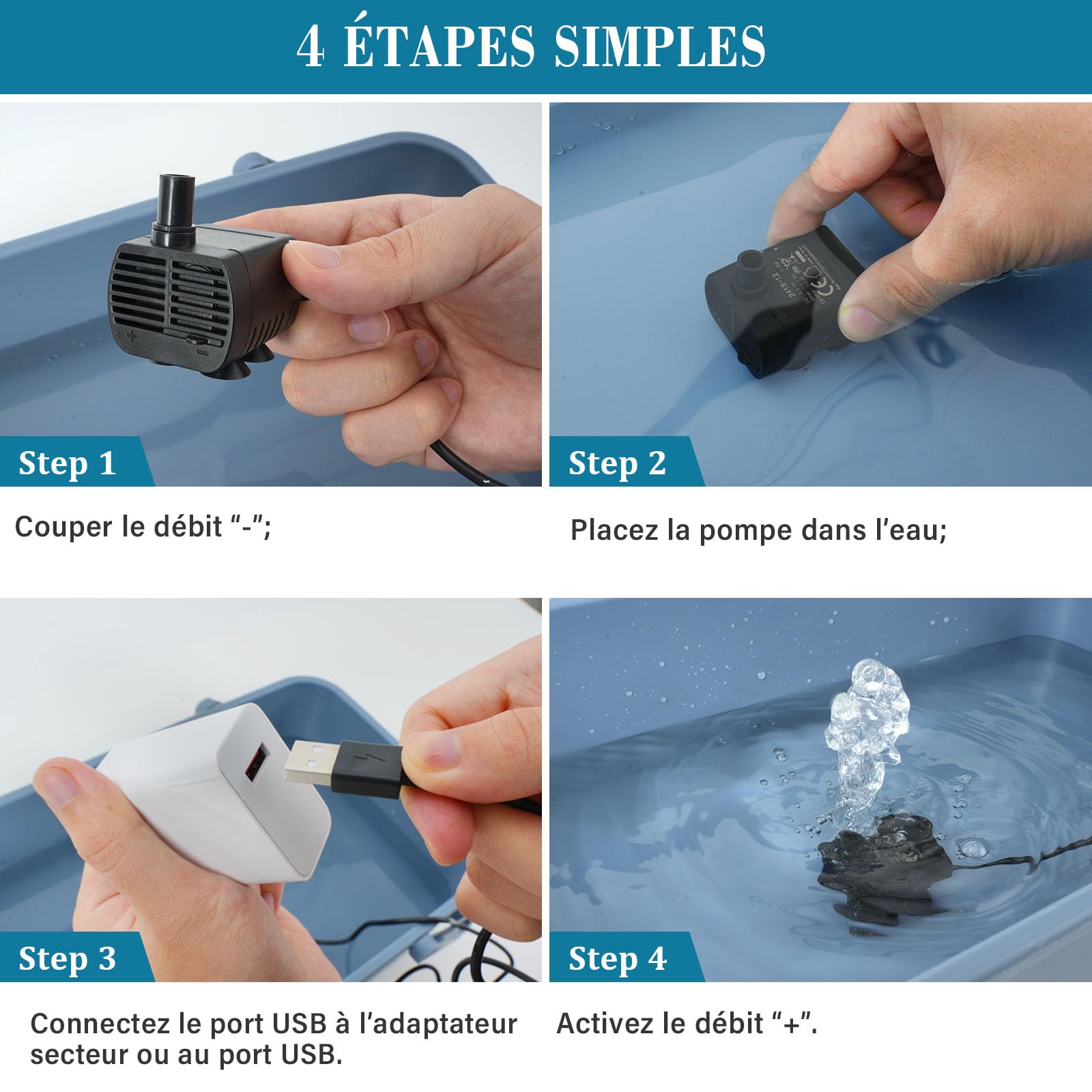 Mini Pompe a eau (200L/H Réglable, 1-3W) Ultra Silencieuse Pompe Aquarium avec 1,5 m USB-câble, Pompe Fontaine a eau chat pour Aquarium, Hydroponique, Étang Fontaine