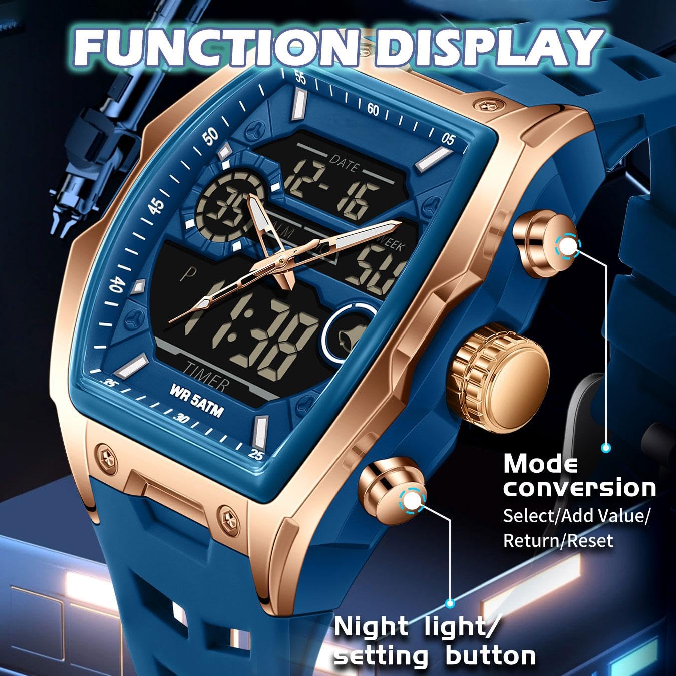 findtime Montre numérique étanche pour homme avec alarme, chronomètre, compte à rebours avec bracelet en silicone au design unique