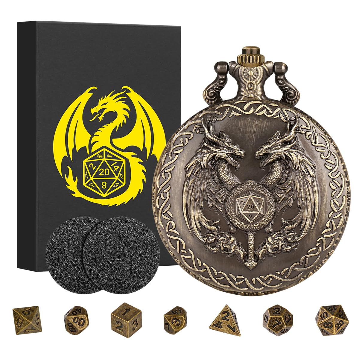 Mini DND Dice Set including Wand and Double Dragon Head Pocket Watch Shell Case, DND Starter Set