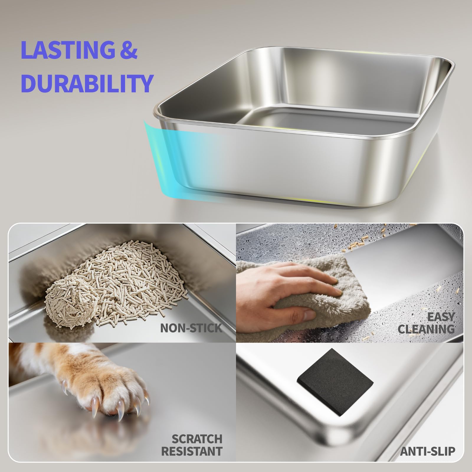 Stainless Steel Cat Litter Box for Kittens, 2 Pack Metal Kitty Litter Box with Scoop, Easy to Clean, No Stains, Anti-Leakage -Small (17.2" L x13.2 W x10.3 H) - image 2