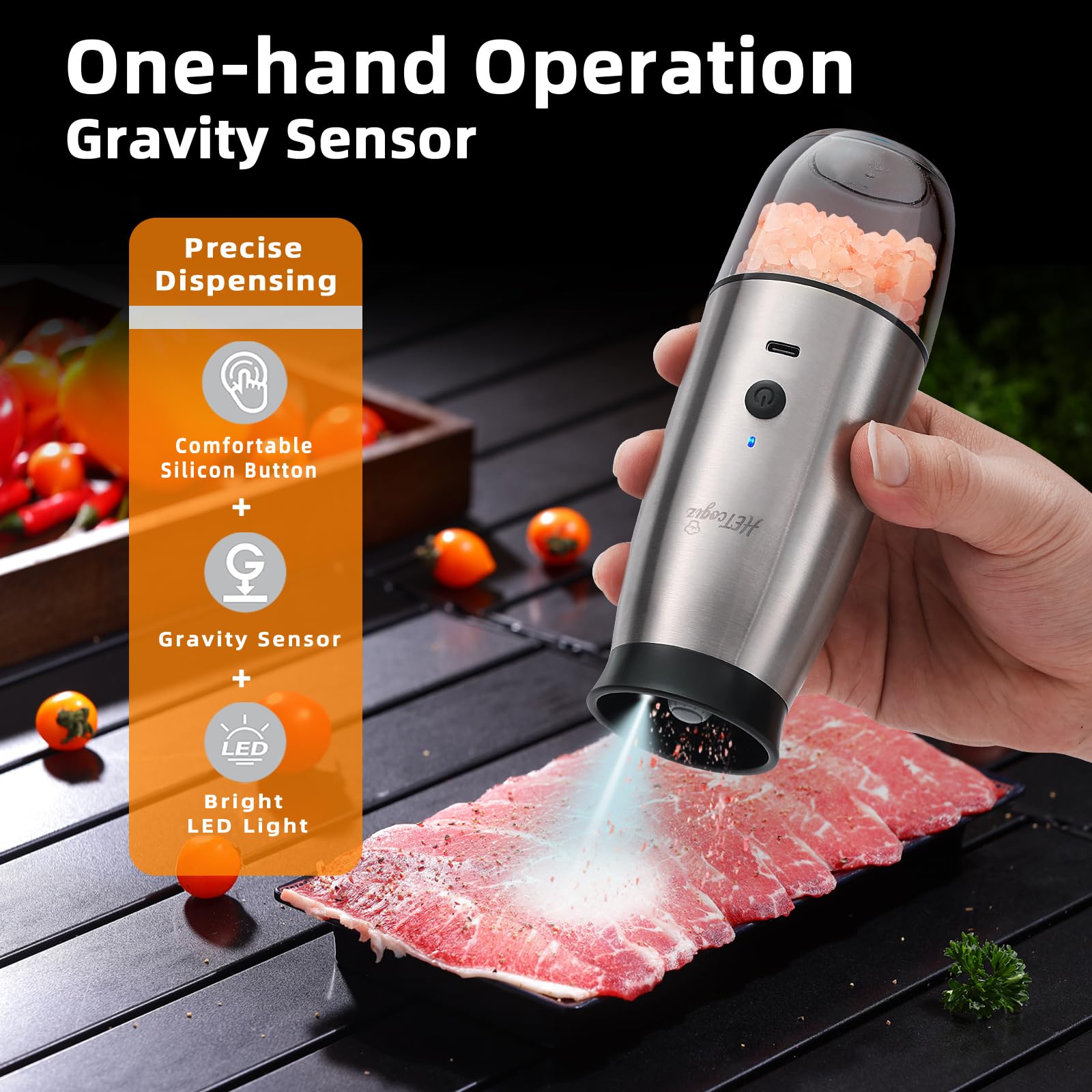 HETcogiz Electric Salt and Pepper Grinder Set with Safe Base, Durable Large Rechargeable Battery, Auto-Grind with Gravity Activation, Easy Use & Refill, Adjustable Coarseness with LED, Dust-Proof Lid