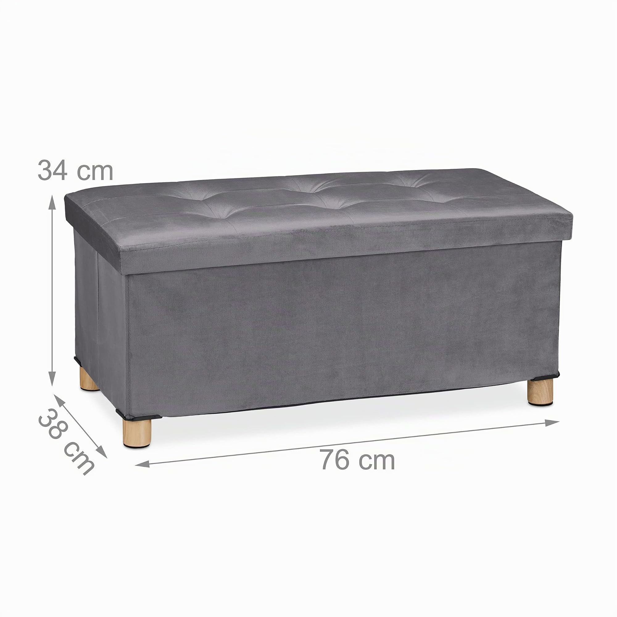 Relaxdays Banco Almacenaje, Acolchado, Terciopelo, Patas Madera, hasta 120 kg, Plegable, 34 x 76 x 38 cm, Gris Oscuro