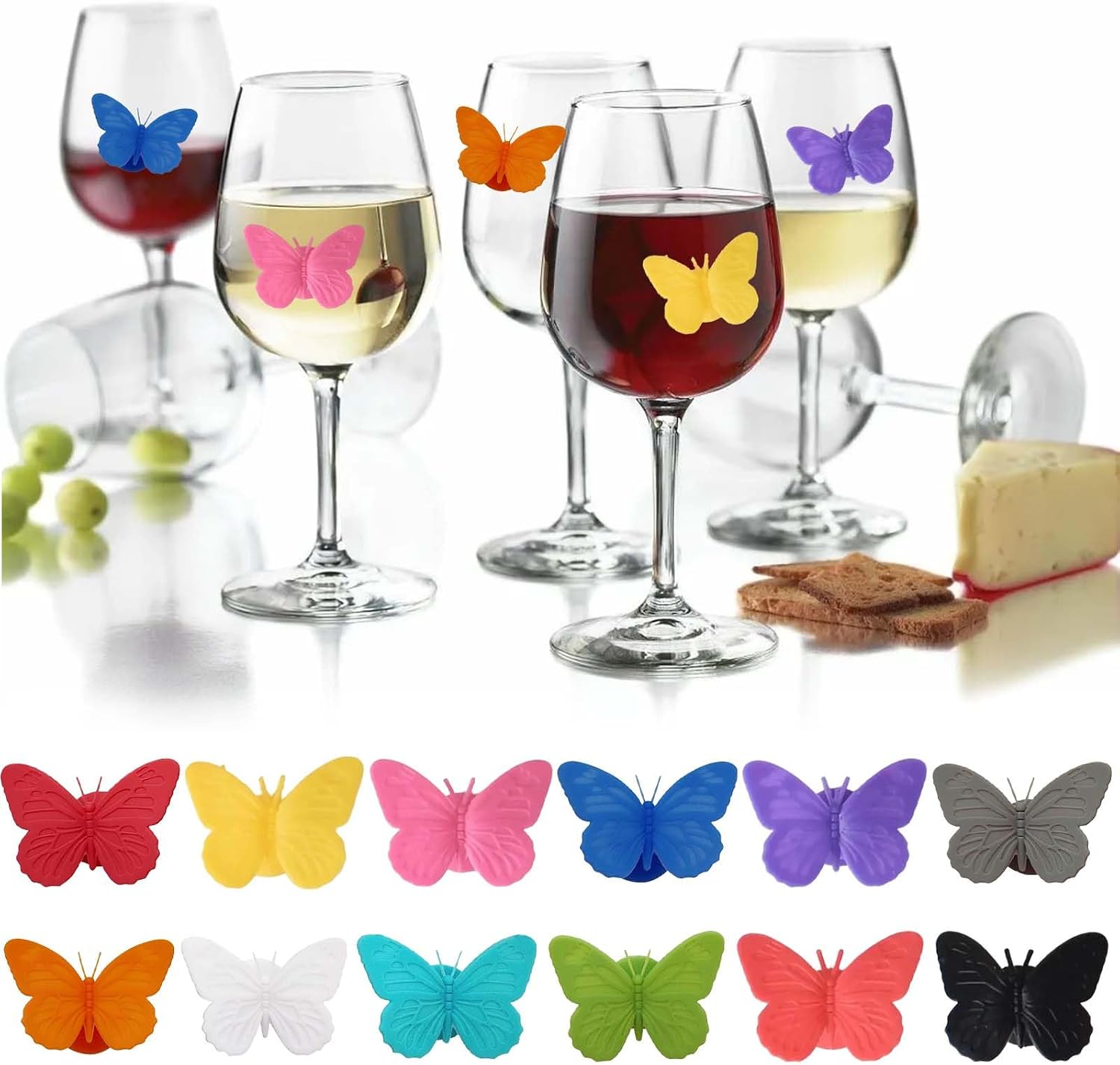Pack of 12 Silicone Glass Markers, Colourful Butterfly Markers for Glasses, Reusable Wine Glass Identifier Markers, for Various Goblets, Decorations Supplies