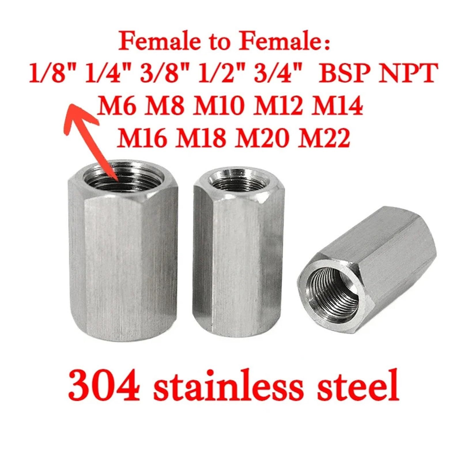 1 pieza M4 6 8 10 12 14 16 18 20 1/8", 1/4", 3/8", 1/2", 3/4", 1", conector reductor de acoplamiento hexagonal hembra, accesorio de tubería de acero inoxidable 304(20x10mm)