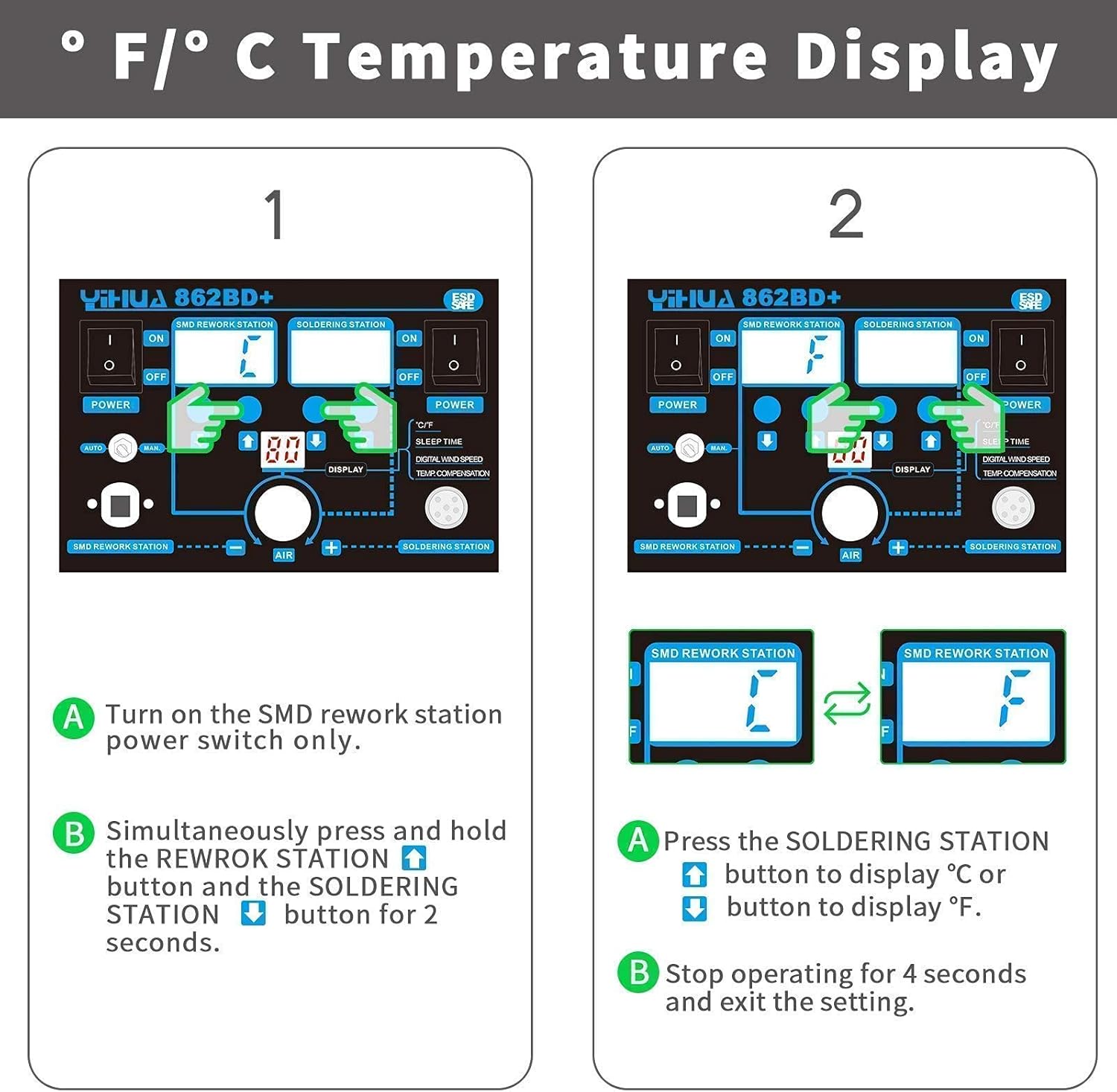 Instructions for changing temperature display between Fahrenheit and Celsius on YIHUA 862BD+