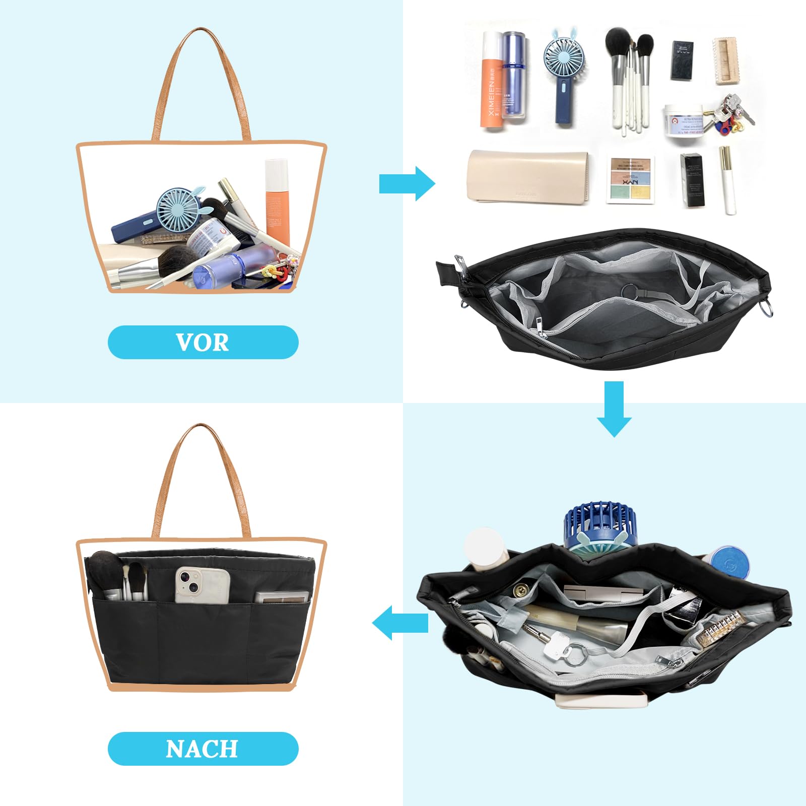 Organisateur Sac à Main Nylon FINEASY - Multi Poches - Léger Avec Porte-Clés Beige (S)