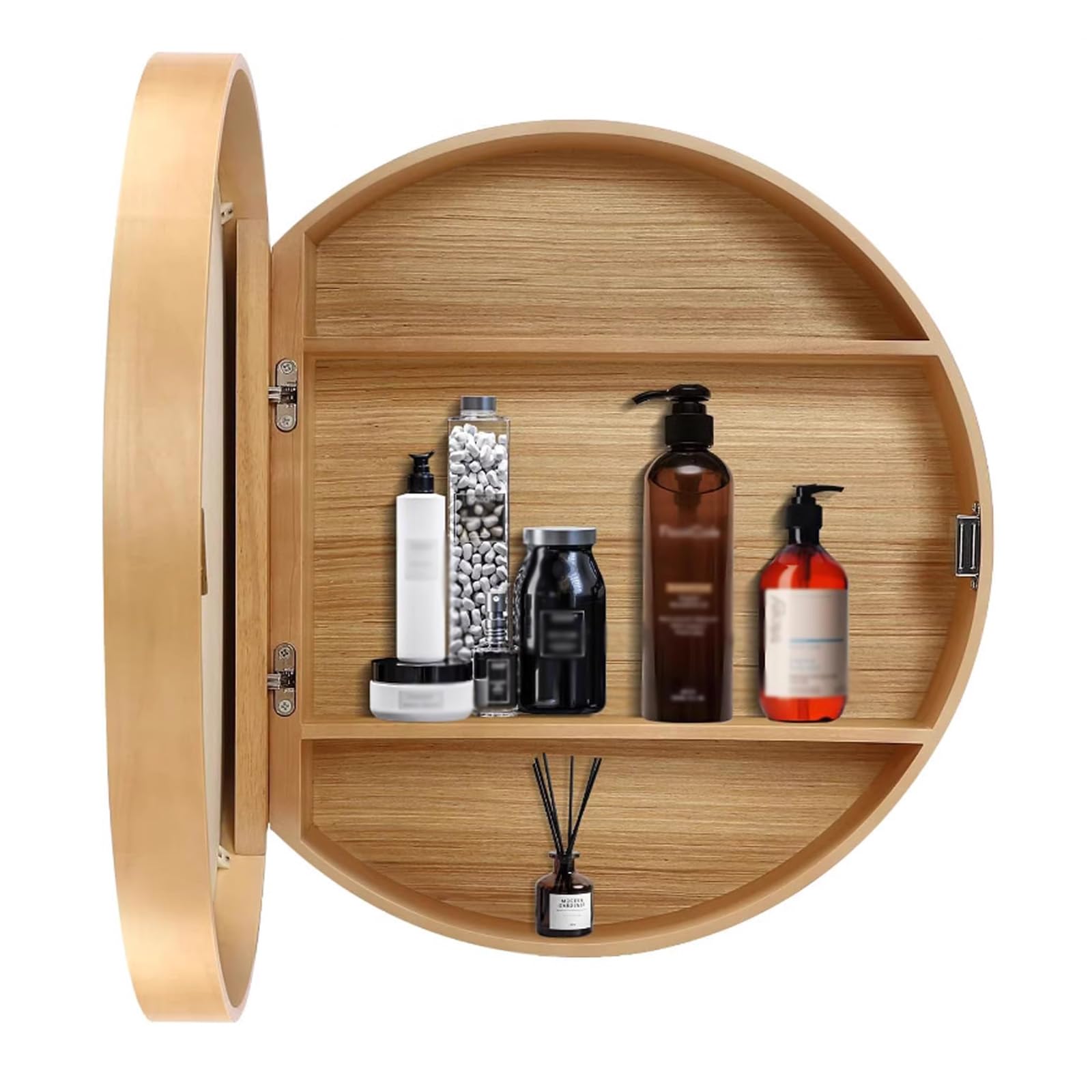 SXFSDOU Bathroom Mirror Cabinet with Vanity Wall Mounted Round for Storage (Wood 70cm/27.6in)