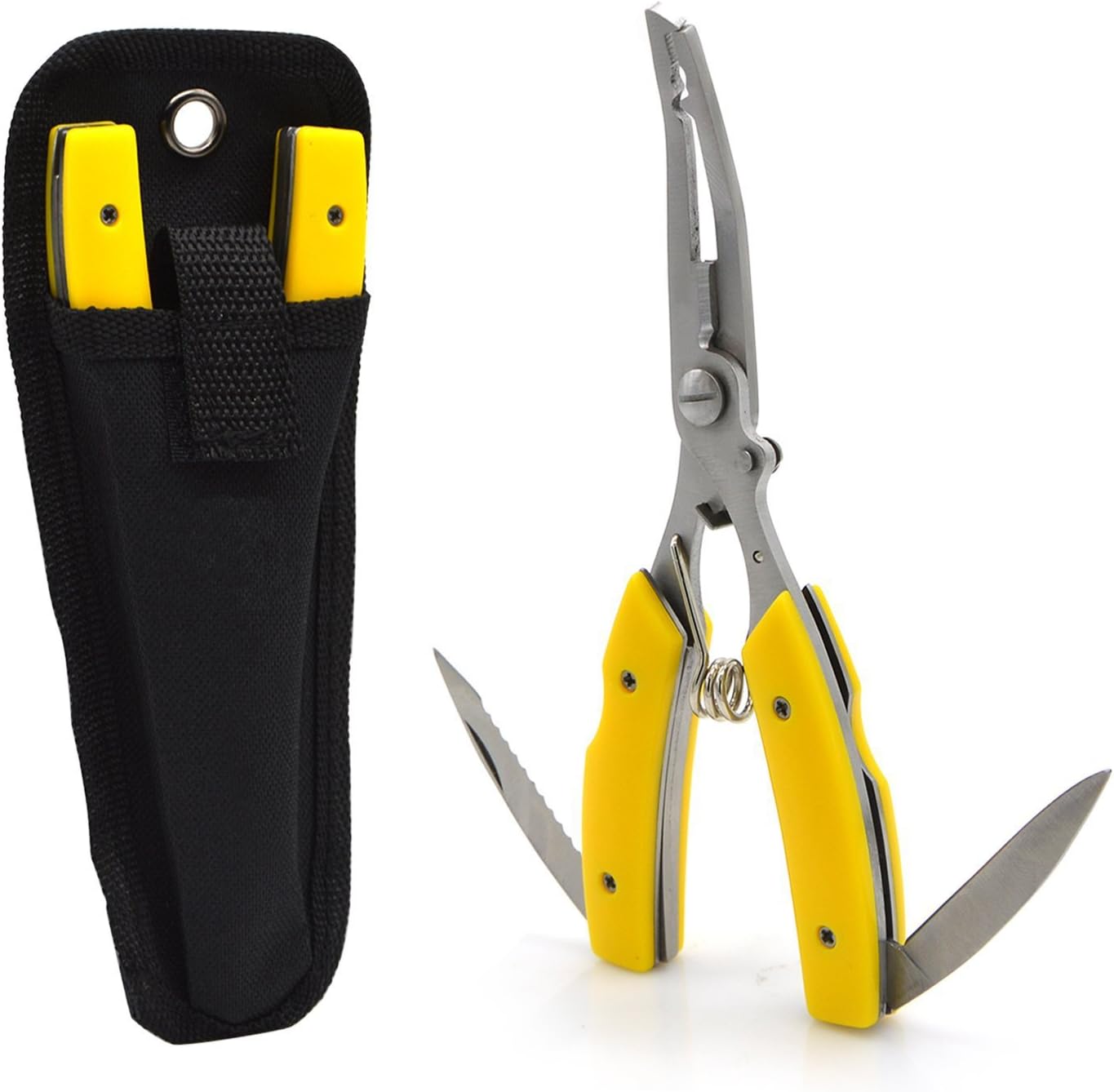 ESOW Fishing Pliers Saltwater 5 in 1 Multi Tool Curved Nose Scissors Fishing Line Cutters Braid Cutters Hook Removers with 2 Sharp Blades with Nylon Sheath Stainless Steel Anti Corrosion,Yellow