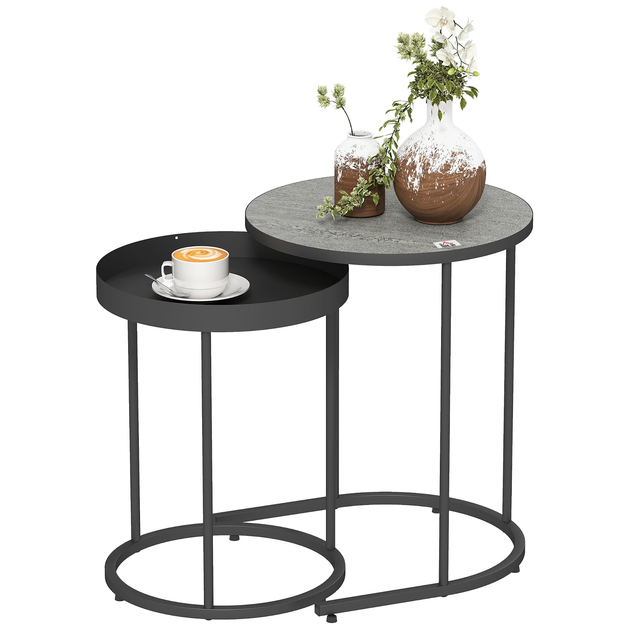 HOMCOM Nesting Side Table Set of 2, Industrial Round Nest of Tables with Tray Tabletop, Metal Frame for Bedroom, Living Room, Home Office, Grey โ image 1