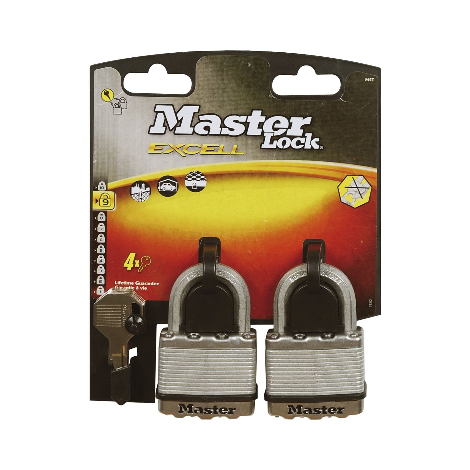 Master Lock M5EURT Candado Seguridad Llaves Acero Laminado Exterior, Arco Normal, Adecuado para Portales, Garages, Sótanos, plateado, 50 mm, Set de 2 Piezas