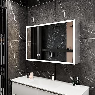 Spiegelschrank Bad mit Beleuchtung 80x60 – LED Badspiegel mit Ablage, Steckdose, Antibeschlag, Touch-Schalter – Wandmontage für modernes Badezimmer