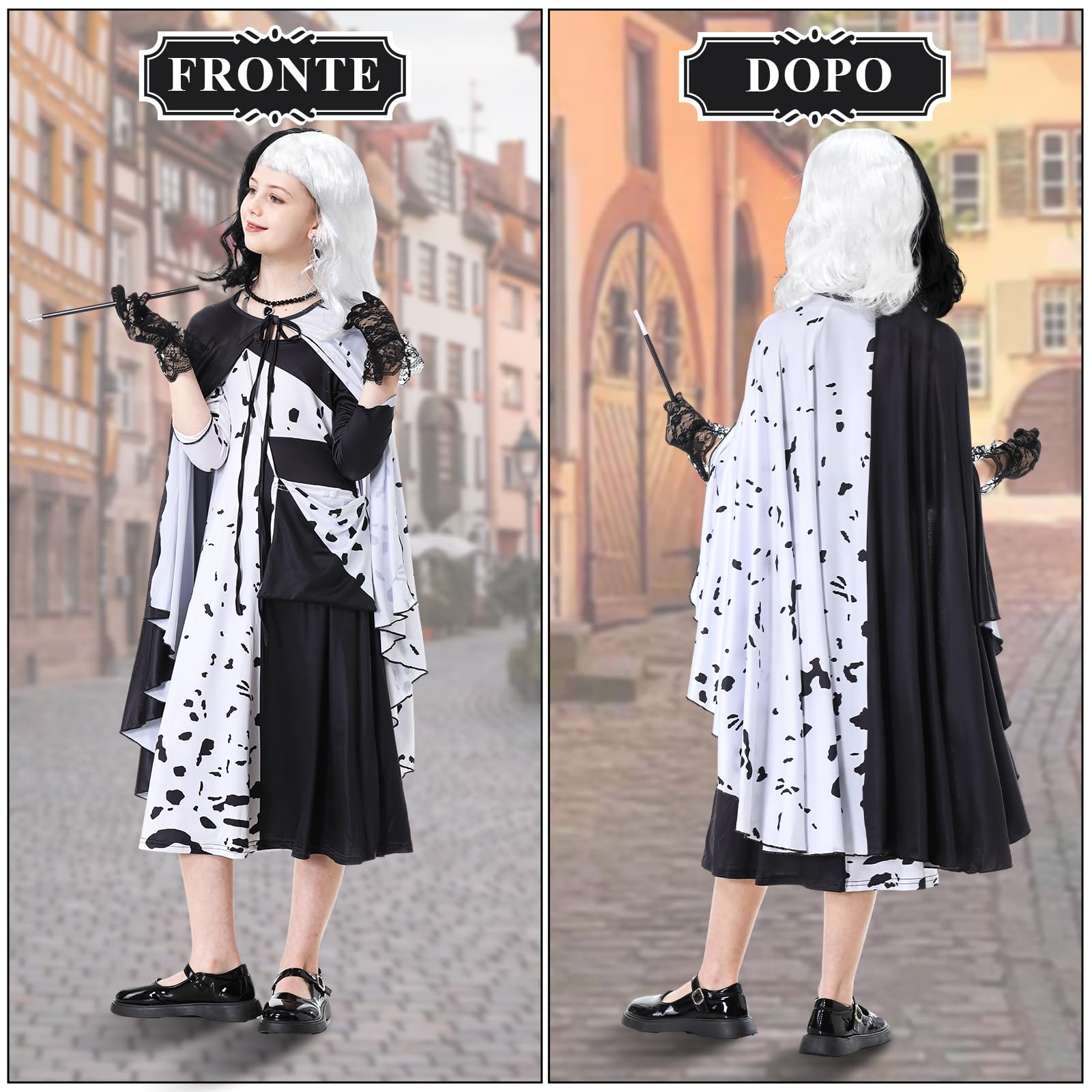 IEEILULU Cruella Costume Bambina, Vestito Crudelia Demon Donna, Costume da Crudelia Deville per Ragazze, Buono per il Ragazze Cosplay di Halloween - il Carnevale del Male