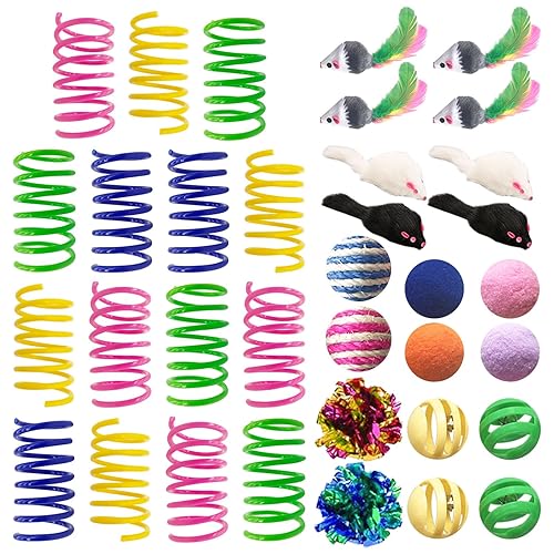 AGYM Cat Toys for Indoor Cats, 35 Packs Interactive Cat Toys Set with Colorful Springs, Mouse Cat Toy, Crinkle, Sisal, Pompom and Color Bell Balls for Kittens - 35 Packs - Multicolor