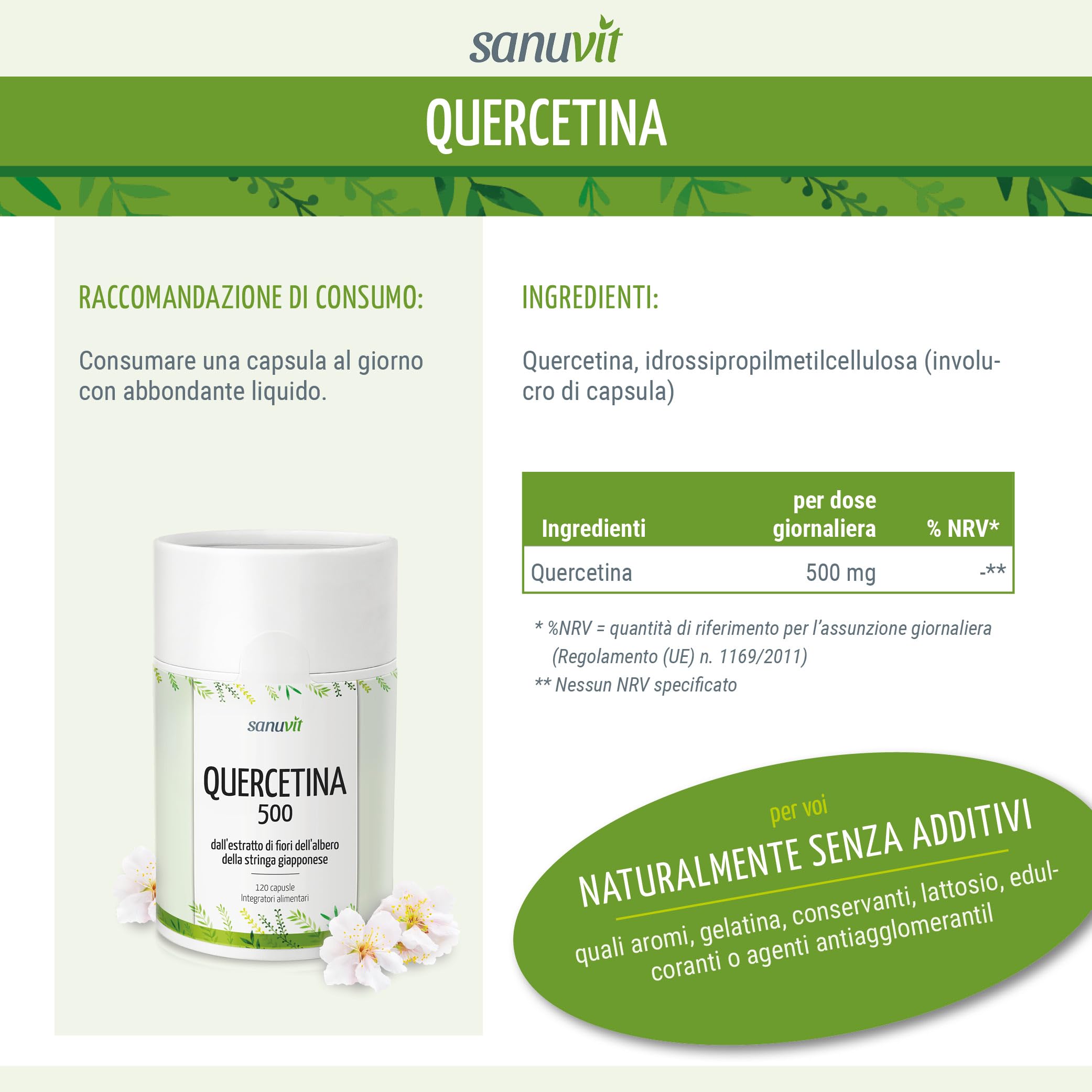 Sanuvit® - Quercetina 500 mg capsule | 120 capsule | Dose alta | Elevata biodisponibilità e tolleranza | Vegano
