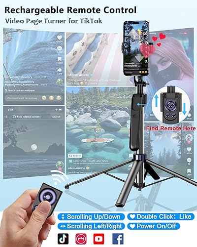 Miniatura 4 de Kit de vlogging para iPhone/Android, trípode de seguimiento facial automático de 63" para iPhone con luz, micrófonos inalámbricos, control remoto