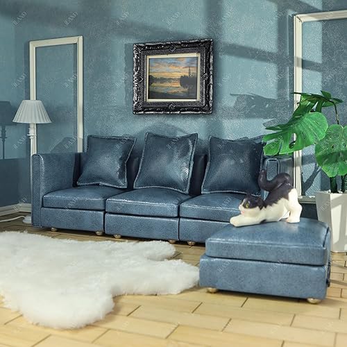 Miniatura 2 de iLAND Muebles de casa de muñecas, juego de sofá seccional en miniatura para decoración de casa de muñecas, accesorios a escala 1/12, sofá moderno