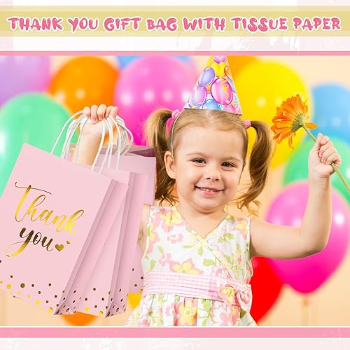 Miniatura 6 de PerKoop 60 bolsas de regalo de agradecimiento a granel de papel dorado con asa para negocios, compras, bodas, baby shower, recuerdos de fiesta (rosa)