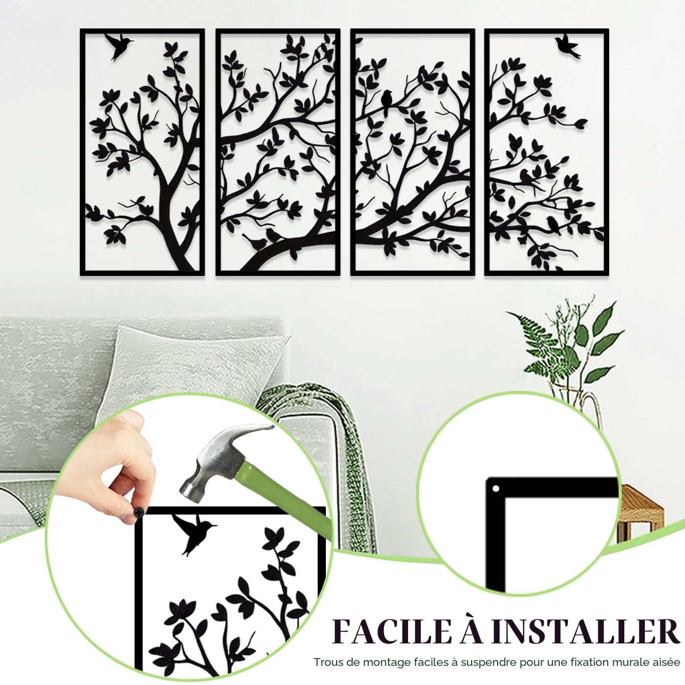Luccyle Art mural en métal, arbre de vie, 4 panneaux, vie des arbres, art mural en métal, pour cadeau, jardin, maison, chambre à coucher, salon (60 x 30 cm)