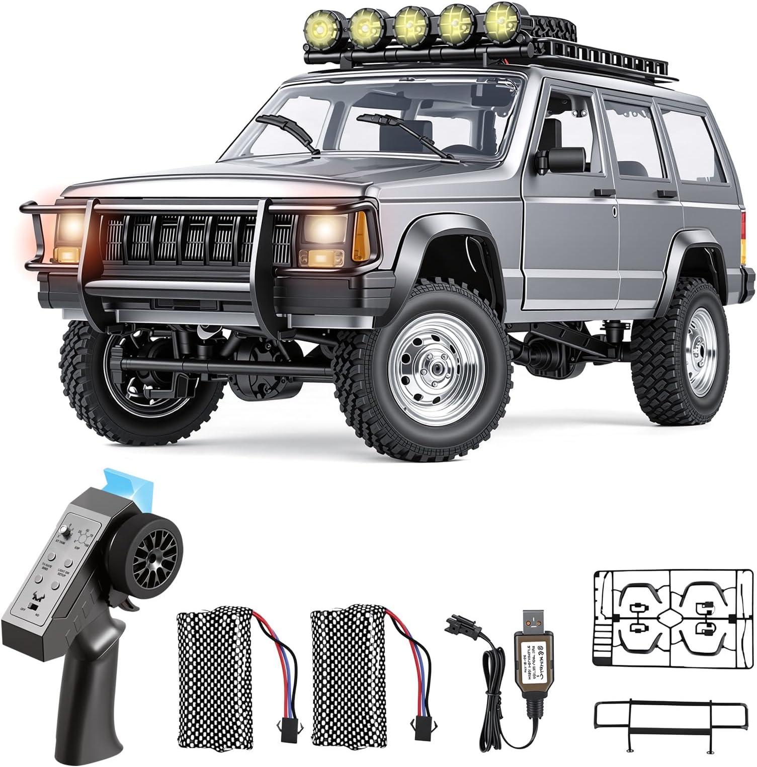 Goolsky RC Rock Crawler, 1:12 Scale Remote Control Car, 4WD Off Road RC Truck, 2.4Ghz All Terrains Climbing Vehicle, RC Car with LED Lights for Kids and Adults, Include 2 Batteries (Silver)