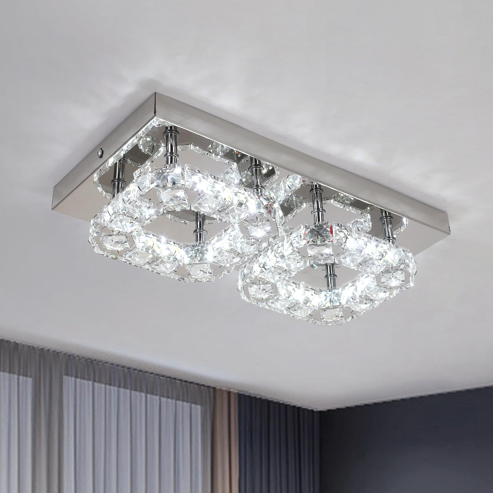 GreeLustr Crystal Chandelier Light Fixture, 3-Color Changeable Crystal Led Ceiling Lights, Square Flush Mount Stainless Steel Lighting for Bedroom, Stairs, Kitchen (Rectangular Style)