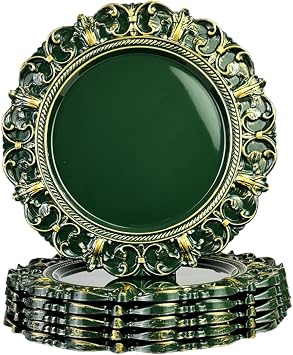 Green Charger Plates, 13 Inch Plate Chargers for Dinner Plates. Set of 6 Plastic Embossed Charger for Dinner, Party, Wedding.