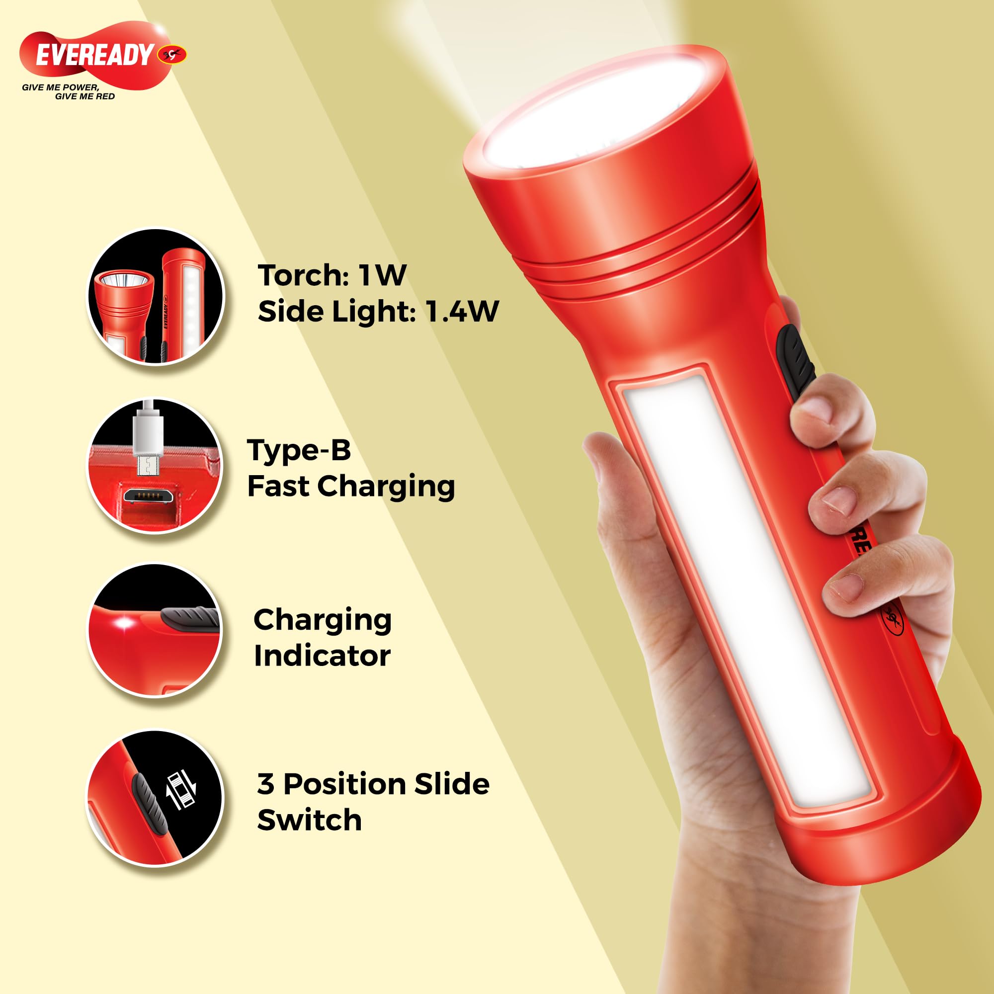 Eveready Apollo DL20, Rechargeable 1W Torch Cum 1.4W Emergency Sidelight/Face Light, Led, Type-B/Micro USB Fast Charging, Overcharge & Deep Discharge Protection, Powered by Li-Ion Battery, Pack of 10 - Image 2 thumbnail