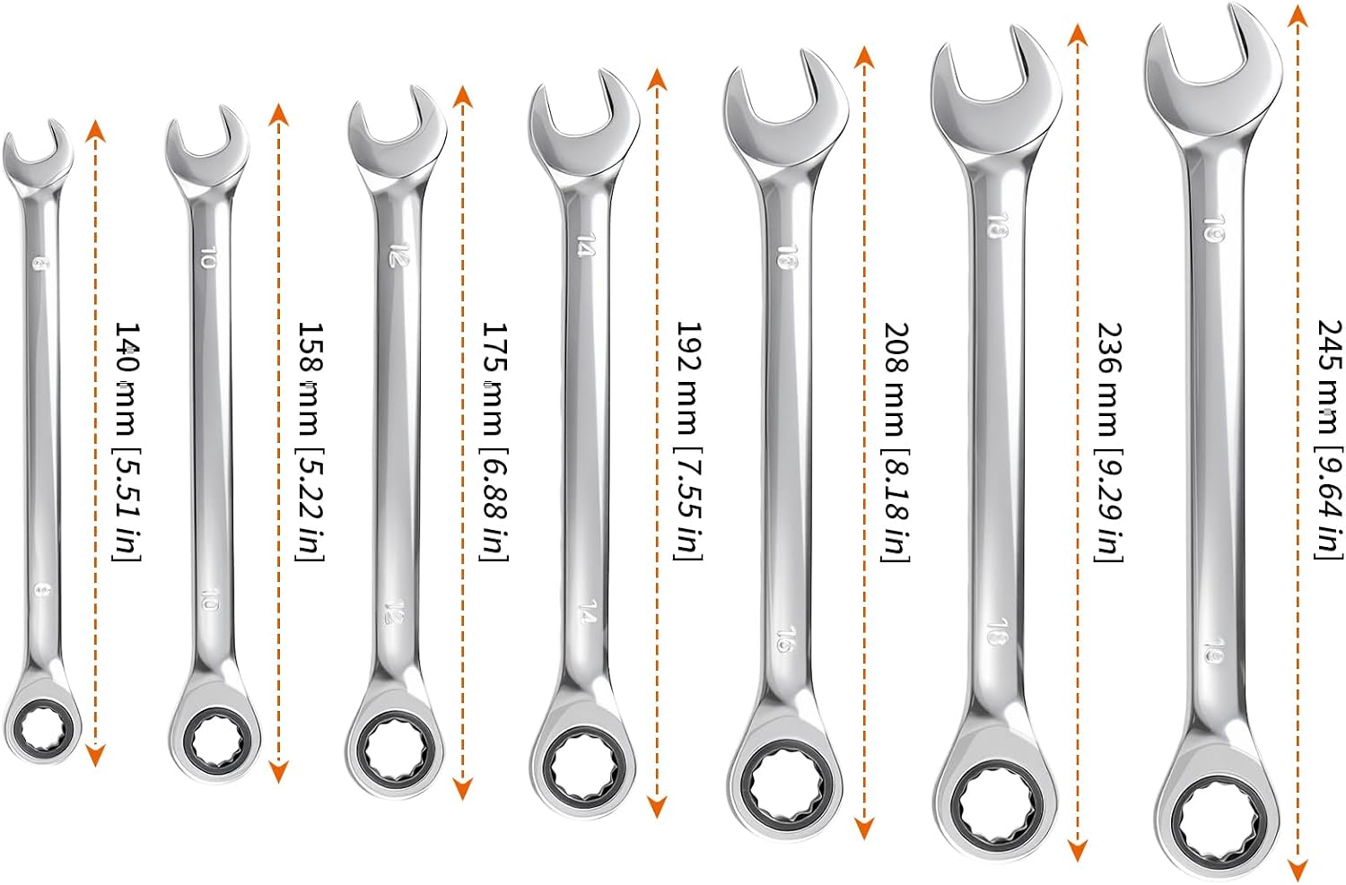 HOZEON 7 Piece Ratcheting Wrench Set SAE, 8-19mm Cr-V Steel with 72 Teeth, | Combination Wrench Set for Tight Spaces Repair