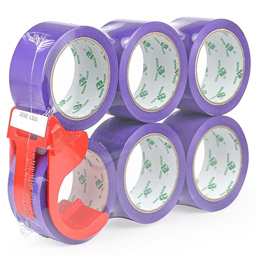 BOMEI PACK Cinta de embalaje púrpura con dispensador, 2.4 mil 1.88 pulgadas x 60 yardas, 6 rollos de repuesto de cinta de caja de color para