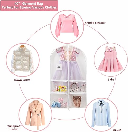 Vista 13 de Paquete de 5 bolsas de ropa de 40 pulgadas para colgar ropa, bolsas transparentes para ropa con refuerzos de 4 pulgadas para almacenamiento