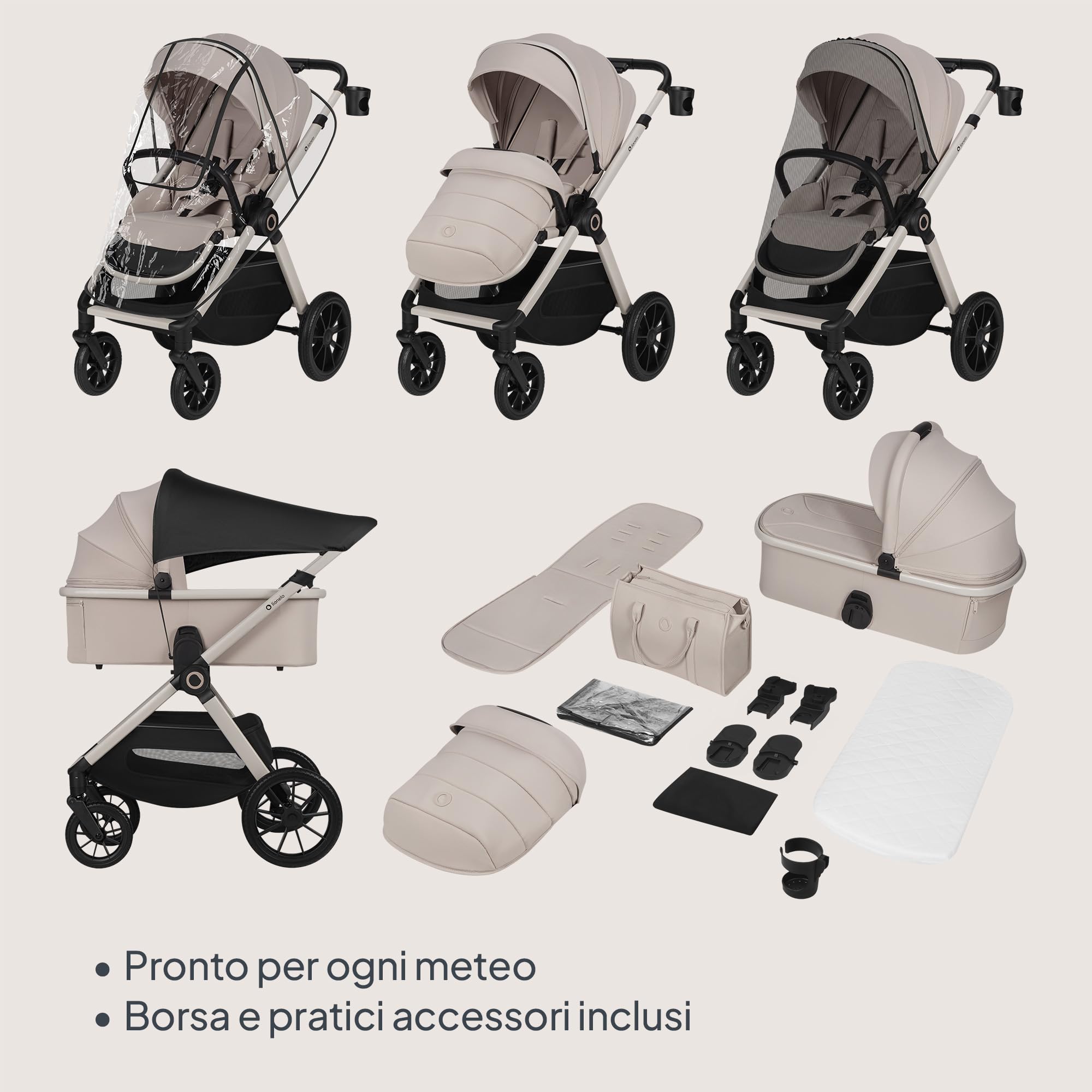 LIONELO LAYLA - Passeggino 3 in 1, 0-48 mesi fino a 22 kg Navicella fino a 9 kg, regolazione dello schienale e dei piedi, AiryDots, ruote in PU girevoli a 360 ° Ammortizzazione totale Booth XXL