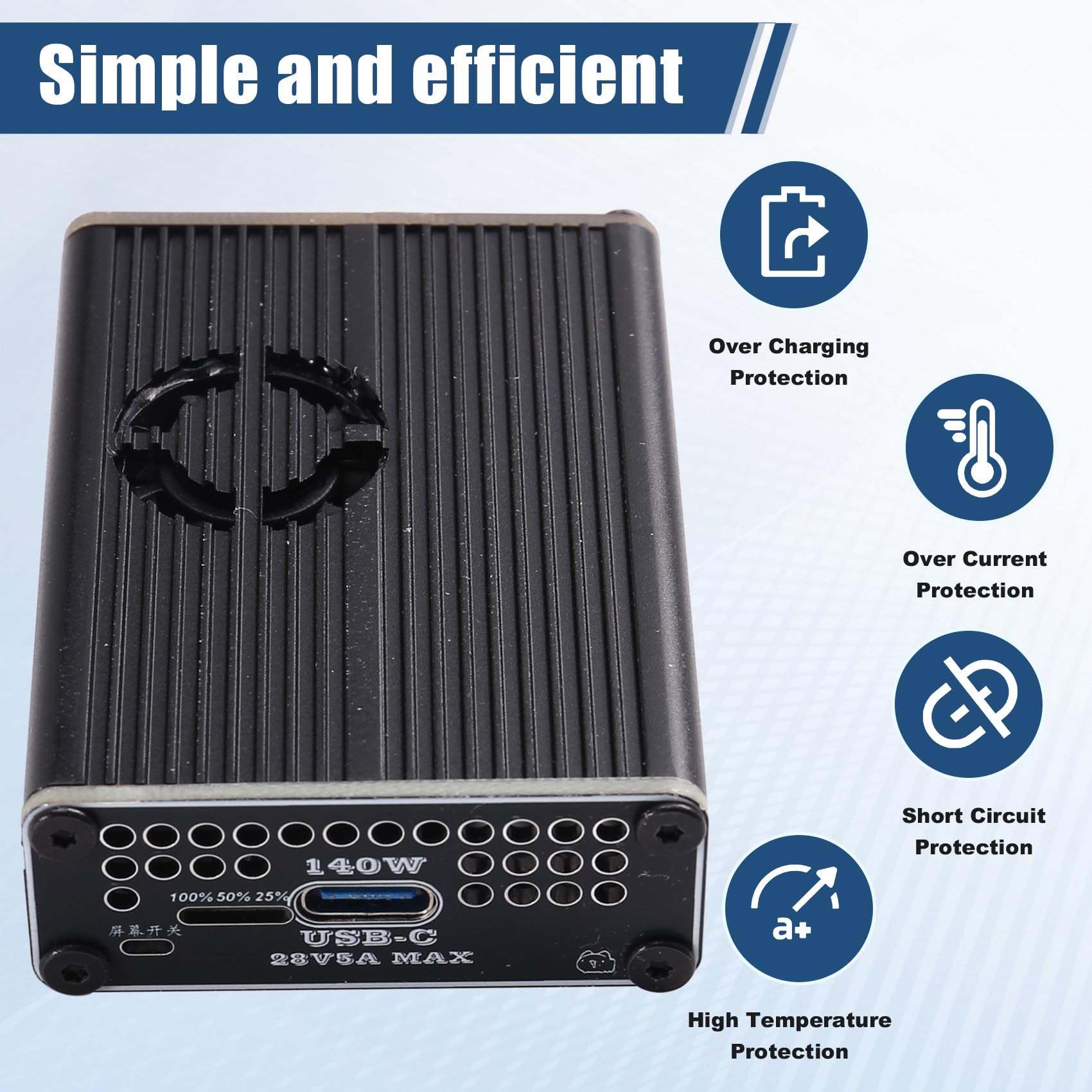 PD3.1 - Caricatore rapido bidirezionale da 140 W, tipo C, USB 2S, con ventola per batterie LiFePO4/agli ioni di litio, PD3.1/QC4+, nero