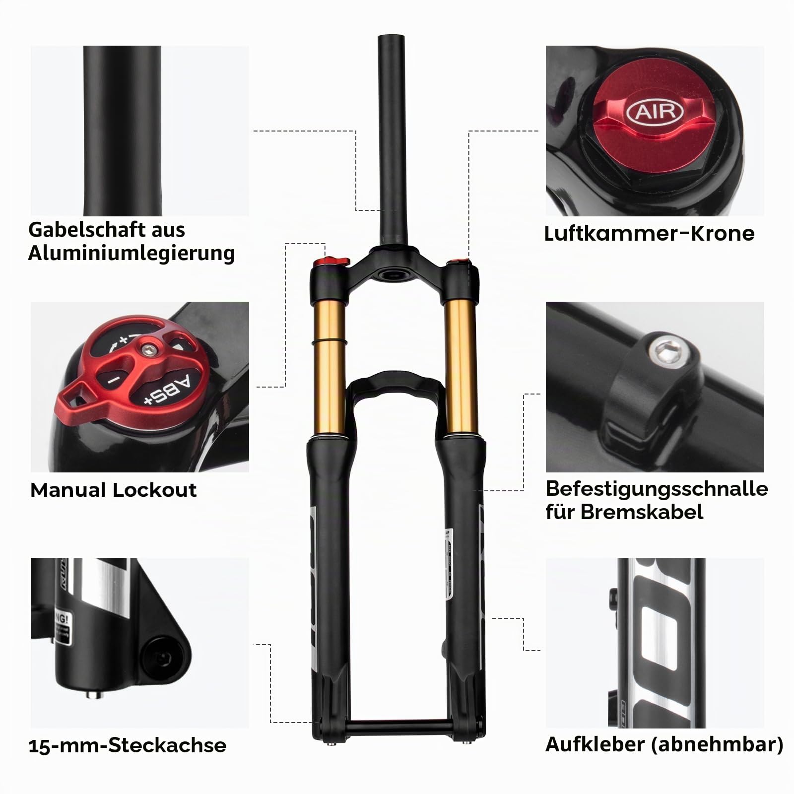 BOLANY 20/24 Zoll Fahrrad-Federungsluftgabel 28,6 mm (1-1/8 Zoll) * 220 mm Gewindelose Gerade-Gabelschaft 9 mm MTB-Vorderradgabel 100/135 mm Federweg