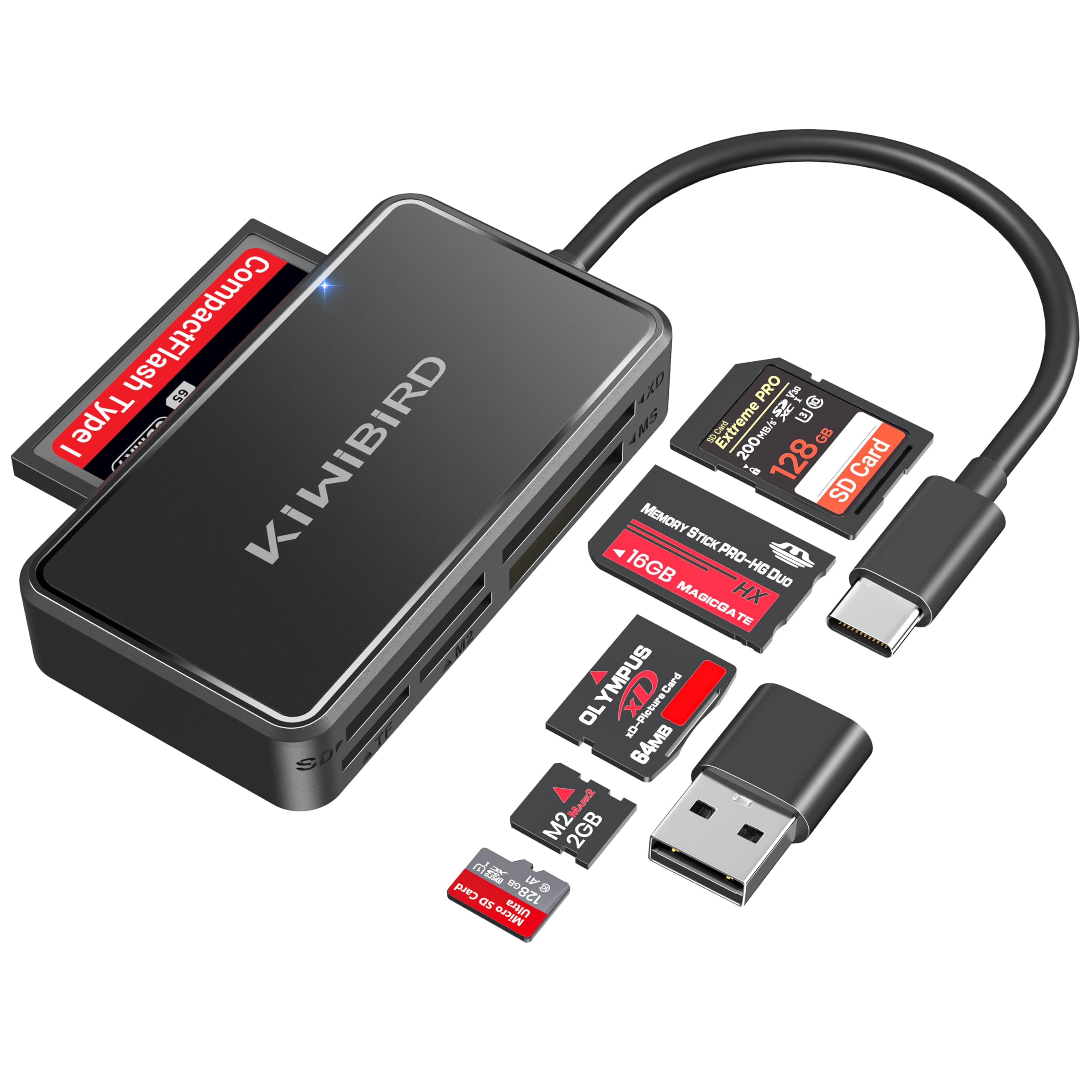 KiWiBiRD SD Kartenleser USB C CF Kartenleser Memory Stick Pro Duo xD MS M2 Micro SD Compact Flash Card Reader, Kompatibel mit PC Kamera Laptop iPhone 17 Air 16 Plus Pro Max Mac Galaxy S25 Android