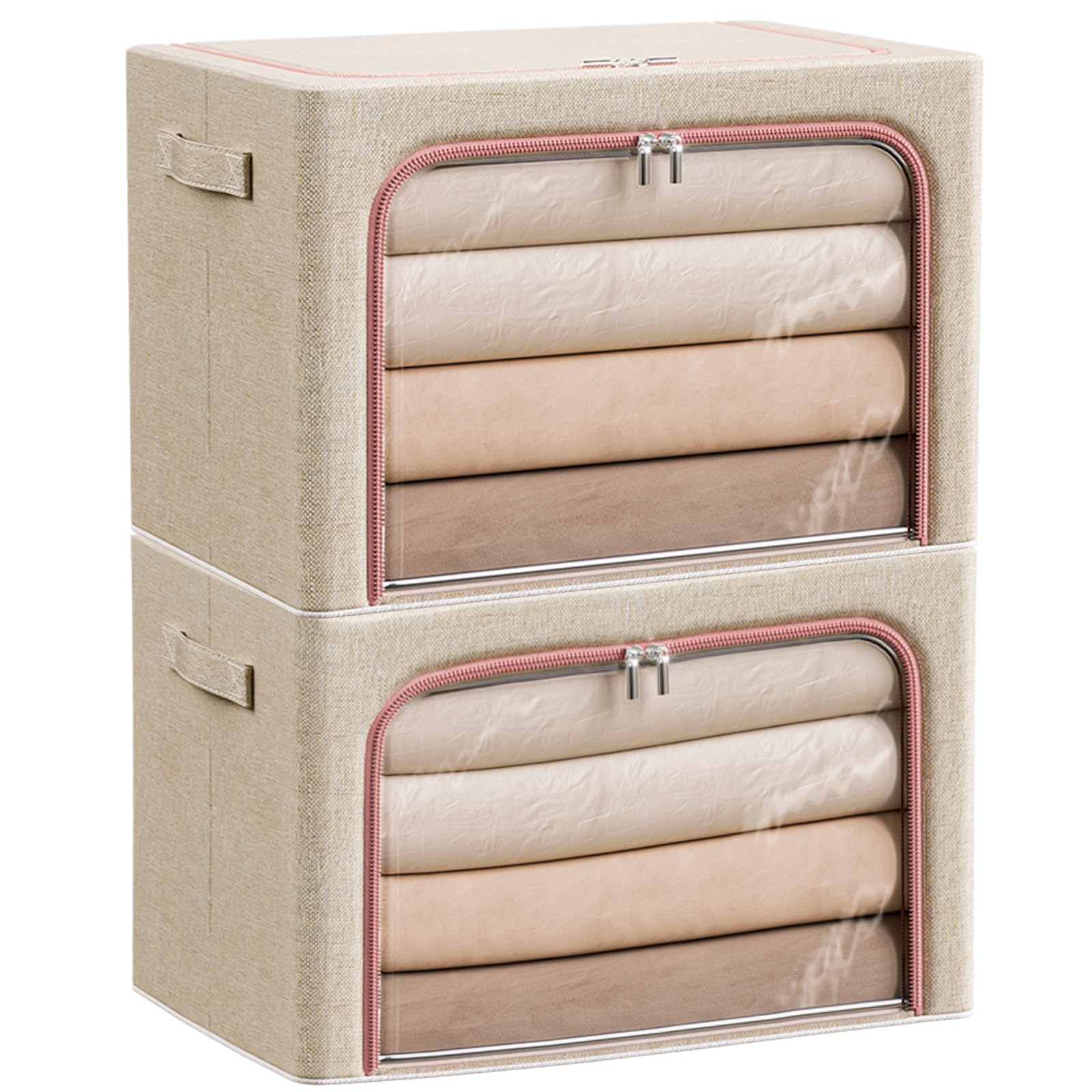 Douzi 2 Pack Clothes Storage Boxes Closet Organizers and Storage, Foldable Cloth Steel Frame Box for Storing Bedding,Blankets-Khaki-100L