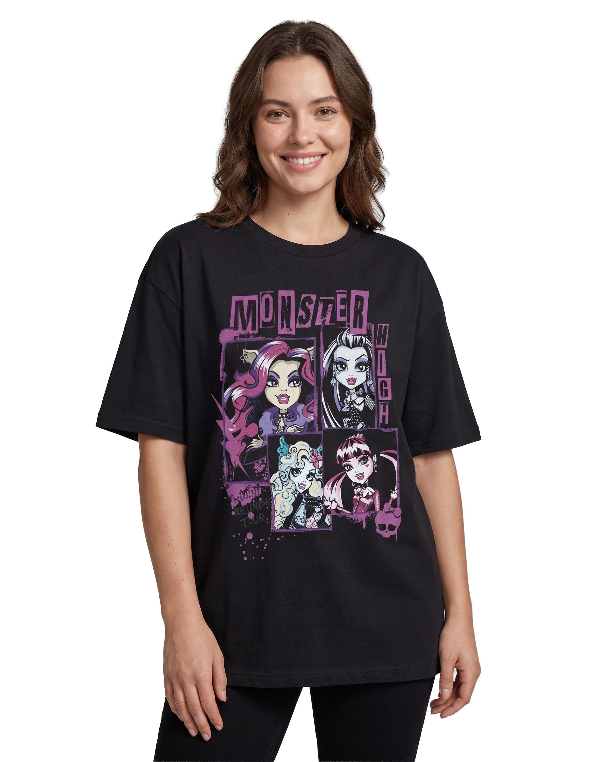 Monster High Women's Alumni Reunion Tour Black Short Sleeve Graphic Tee | Classic Cartoon Top Featuring Characters | Casual Wear T-Shirt For Fans Merch - Medium