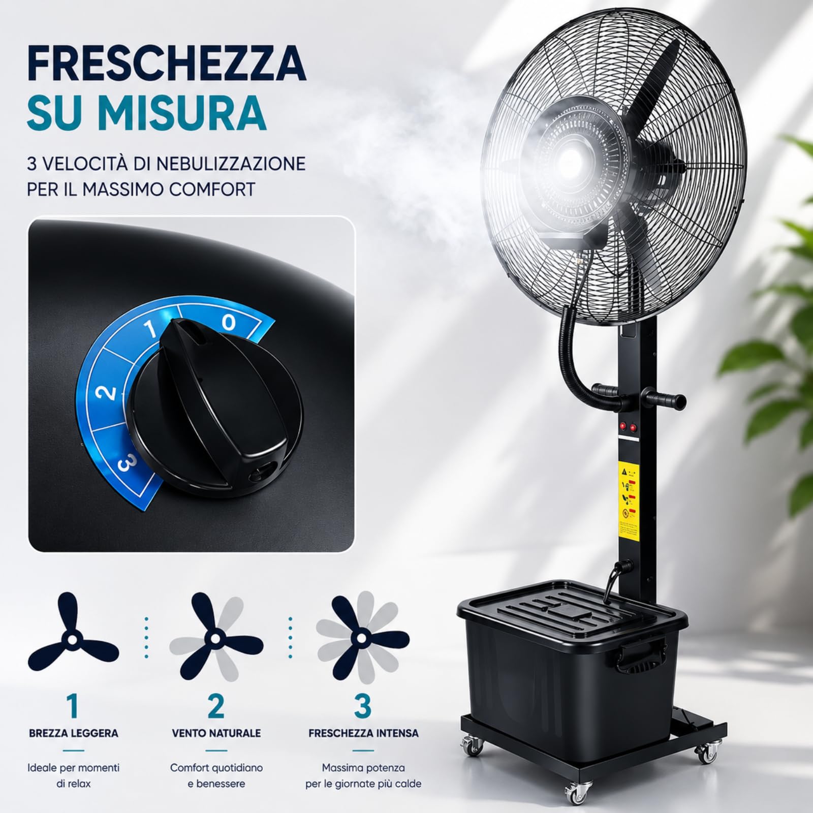 Ventilatore Nebulizzatore Magnum Nero Ø 66 cm a Piantana | Elettrico, Oscillante, Raffrescatore Lunga Distanza, 3 Velocità con Serbatoio e Ruote, Uso Civile e Industriale